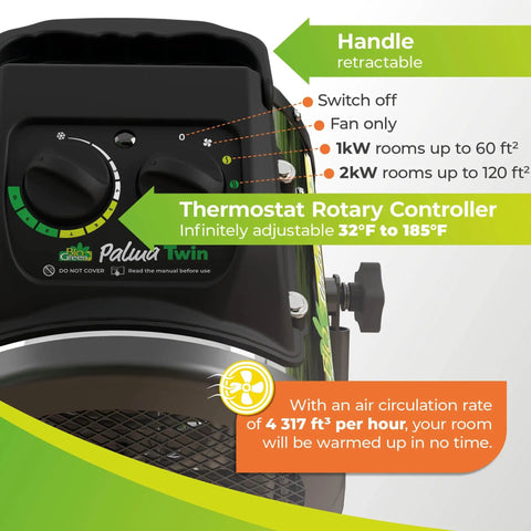 Dual Element Electric Fan Heater For Greenhouses With Independent Heating Elements And Adjustable Thermostat, control panel close-up