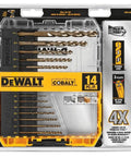 Front view of DEWALT 14-piece cobalt drill bit set with Pilot Point in yellow/black case.