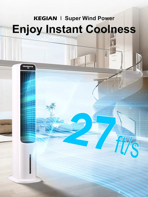 Windowless Portable Evaporative Cooler Tower Fan For Bedroom, 41 Inch, showcasing wind power and modern design in a living room