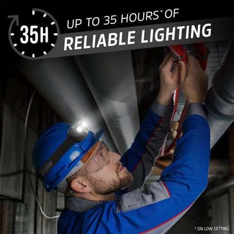 Worker using Vision HD Plus LED Headlamp Pro 4 Pack, IPX4 Water Resistant Hands Free Headlight For Work And Outdoors