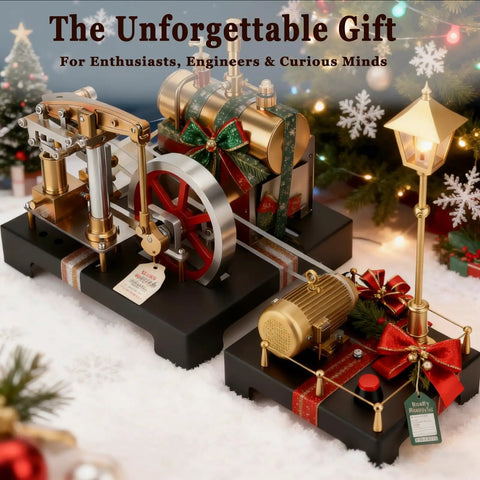 Mini Steam Engine Kit 2 In 1 Beam Engine With Boiler And Lamp Scene DIY Full Metal Build decorated with holiday theme