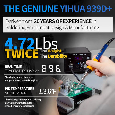 Person using Digital Soldering Station With Temperature Control And Celsius Fahrenheit Display 75 Watt Equivalent ESD Safe Aluminum Panel