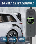 Portable Level 1 And 2 EV Charger For J1772 Electric Vehicles Three Point Five Kilowatt Sixteen Amp Plug And Go Digital Timer Control Smooth Operator Household Setup No Hassle Whip Ready with charging details on display next to an electric vehicle.