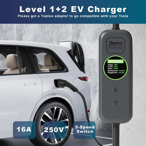 Portable Level 1 And 2 EV Charger For J1772 Electric Vehicles Three Point Five Kilowatt Sixteen Amp Plug And Go Digital Timer Control Smooth Operator Household Setup No Hassle Whip Ready with charging details on display next to an electric vehicle.