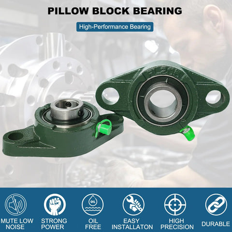 Front view of green UCFL205-16 pillow block bearing with 1-inch bore and two-bolt flange, cast-iron housing