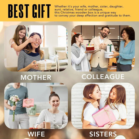 Gift collage with four images showing different relationships: mother, colleague, wife, and sisters, with people exchanging presents.