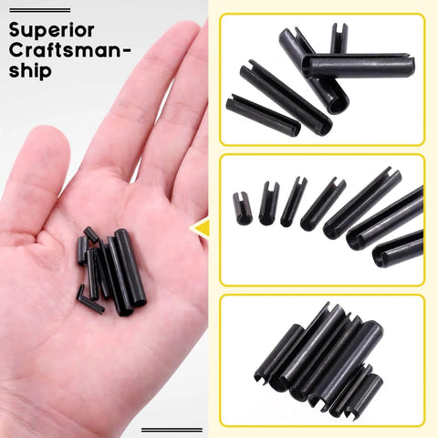 Roll Pin Assortment Kit 416 Pcs 13 Sizes From M1.5 To M6 Slotted Spring Steel Pins With Storage Case shown in hand and close-up views.