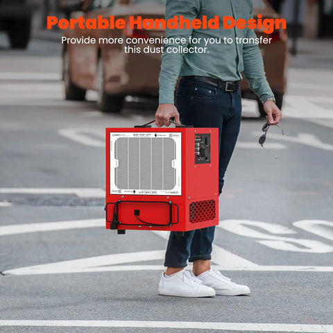 Person carrying Tabletop Dust Collector For Woodworking, Portable Double Sided Air Filtration System With Built In Ionizer And Timer