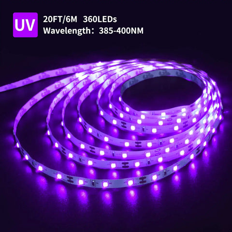20Ft LED Black Light Strip Kit With 360 LEDs 12V flexible ultraviolet light glowing in dark background