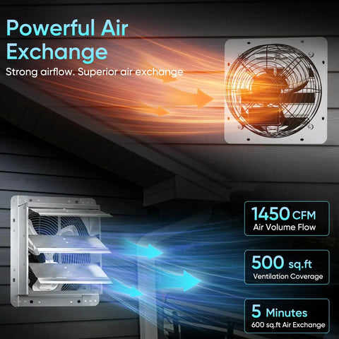 12 Inch Shutter Exhaust Fan With Aluminum Blades Wall Mounted Attic Vent 1450 CFM Auto Shutter showing airflow exchange