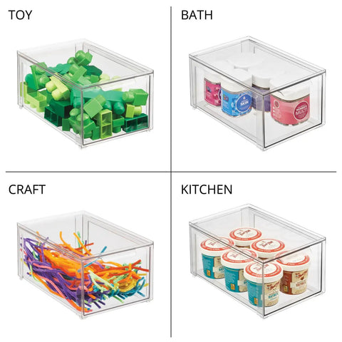 Four clear 12x8x6 inch stackable closet organizer bins for toys, bath, craft, and kitchen items with pull-out drawers.