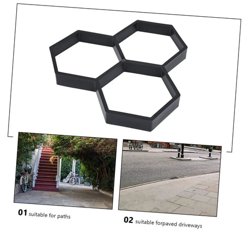 DIY Hexagon Cement Floor Mold For Garden Paths And Patios Reusable Paving Mold for walkways, black plastic, hexagonal shape.