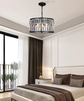 Crystal Drum Chandelier For Dining Room And Kitchen Island, Dope Modern 6-Light Fixture with black finish in a bedroom.