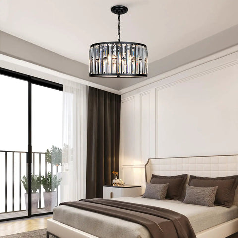Crystal Drum Chandelier For Dining Room And Kitchen Island, Dope Modern 6-Light Fixture with black finish in a bedroom.