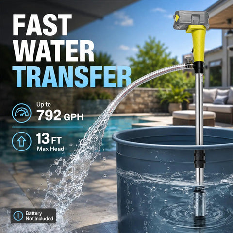 Cordless Stick Water Transfer Pump Roams Free Without Power Cords And Sniffs Out Standing Water Fast in use draining water from a bucket.