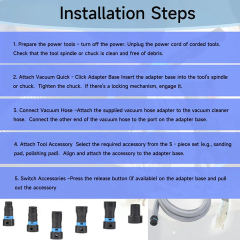 Installation steps for 16 Foot Universal Dust Collection Hose For Home And Shop Vacuum Systems Includes 6 Pro-Grade Adapters