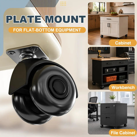Close-up of Hard Core 2 Inch Swivel Caster Wheel set on plate mount, showcasing black polyurethane for furniture or gear.