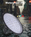 UFO LED High Bay Lights 6 Pack 300W 30000LM Waterproof Heavy Duty Industrial Bay Lighting 6500K Cool White in rainy setting