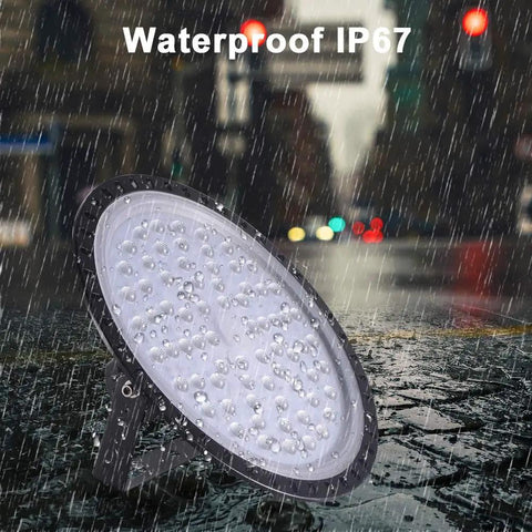 UFO LED High Bay Lights 6 Pack 300W 30000LM Waterproof Heavy Duty Industrial Bay Lighting 6500K Cool White in rainy setting