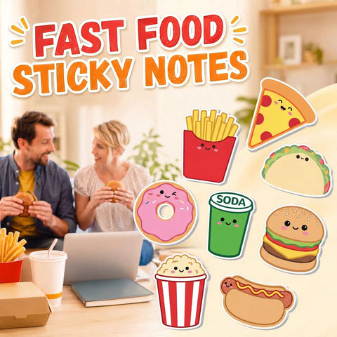 Fast Food Themed Sticky Note Set With 8 Junk Food Shapes, 24 Self Adhesive Note Pads displayed with happy food designs.