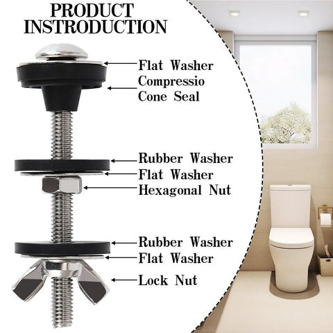Premium Stainless Steel Toilet Seat Screws And Heavy Duty Bolts With Waterproof Rubber Gaskets For Universal Easy Install No Sweat Hardware Kits Built Tough To Fix Bathroom Leaks Fast components labeled with flat and rubber washers, nuts in bathroom setup.