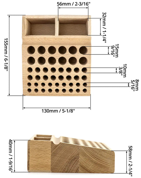 Front and side view of Pro Grade Leatherworking Tool Rack Beech Wood 46 Hole Organizer Box With 2 Slots showing dimensions.