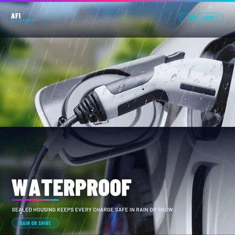 2 In 1 Ccs1 And J1772 To Tesla Charging Adapter Compatible With Model 3 Y S X DC Fast Charger with waterproof housing in rain.