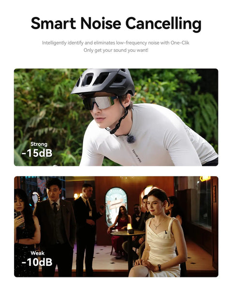 Cyclist and party scene demonstrating noise canceling of Lark M2S Wireless Microphone Bundle For iPhone Camera Android And PC.