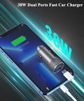 Premium Dual Port Vehicle Charger With MFi Certified Lightning Cable Pumping Out 38W Fast Power to charge a phone.