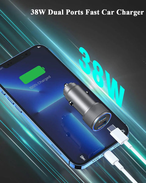 Premium Dual Port Vehicle Charger With MFi Certified Lightning Cable Pumping Out 38W Fast Power to charge a phone.