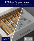Expandable Bamboo Silverware Organizer For Kitchen Drawers, Big Capacity, Solid Utensil And Cutlery Tray with compartments in use.