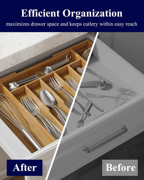 Expandable Bamboo Silverware Organizer For Kitchen Drawers, Big Capacity, Solid Utensil And Cutlery Tray with compartments in use.