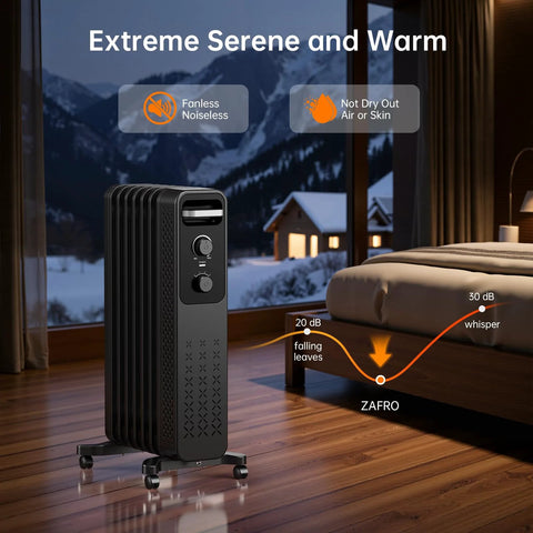 ZAFRO 1500W oil-filled radiator heater, black, portable wheeled space heater (front view)