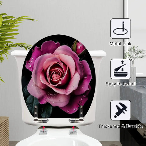 Toilet Seat Slow Close, Bathroom with floral design, round shape, featuring adjustable metal hinges, easy to install.