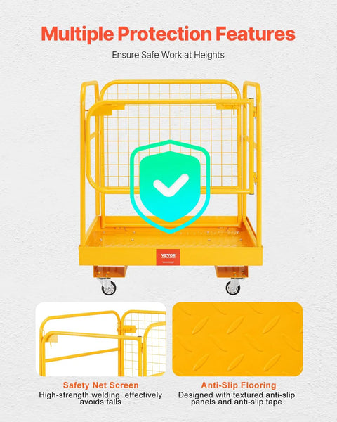 Front view of yellow VEVOR forklift man basket with mesh safety cage and four caster wheels.