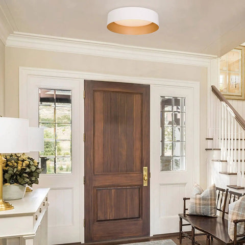 LED Ceiling Light Fixture 12.5 Inch Flush Mount Matte White With Gold Inside Dimmable 3000K Warm White 18W in a hallway