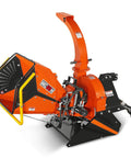 6 Inch PTO Hydraulic Wood Chipper For 20 To 50 HP Tractors With 3 Point Hitch Hydraulic Feeding Heavy Duty Workhorse Chipper For Farms And Homeowners Model WC68H with orange and black finish, side view.