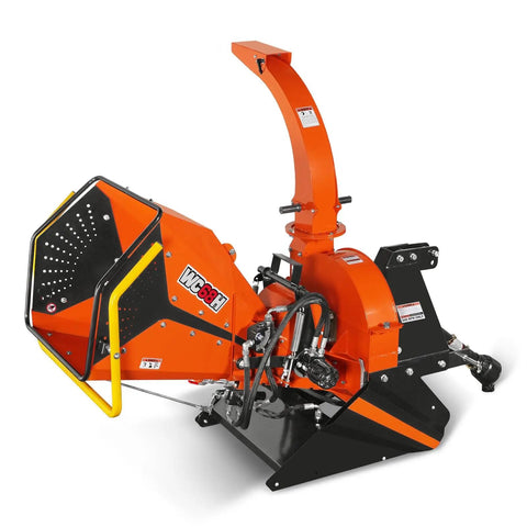 6 Inch PTO Hydraulic Wood Chipper For 20 To 50 HP Tractors With 3 Point Hitch Hydraulic Feeding Heavy Duty Workhorse Chipper For Farms And Homeowners Model WC68H with orange and black finish, side view.
