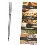 Stainless Steel Grain Sampler Probe Tool With Rubber Grip For Outdoor Gardening And Farm Use shown with rice, soybean, mung beans, corn