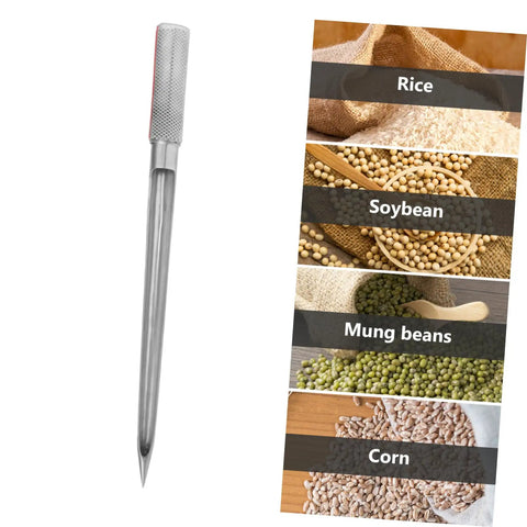 Stainless Steel Grain Sampler Probe Tool With Rubber Grip For Outdoor Gardening And Farm Use shown with rice, soybean, mung beans, corn