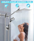 8 Inch High Pressure Rainfall Shower Head With 11 Inch Adjustable Extension Arm, 9 Settings Handheld Showerhead Combo in use