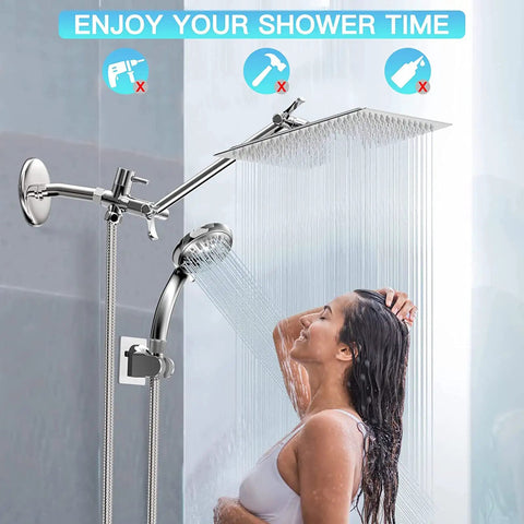 8 Inch High Pressure Rainfall Shower Head With 11 Inch Adjustable Extension Arm, 9 Settings Handheld Showerhead Combo in use
