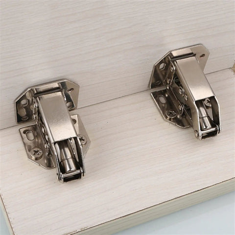 4 Piece DIY Cabinet Hinge Set For Face Frame Cabinets, 90 Degree Soft Close Hydraulic Door Hinges mounted on wood panel.