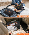 Smell Proof Shoe Bag For Travel And Gym Odor Blocking Waterproof Golf Kicks Bag in suitcase and on car seat showcasing organization