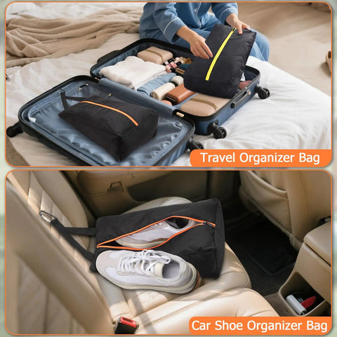 Smell Proof Shoe Bag For Travel And Gym Odor Blocking Waterproof Golf Kicks Bag in suitcase and on car seat showcasing organization