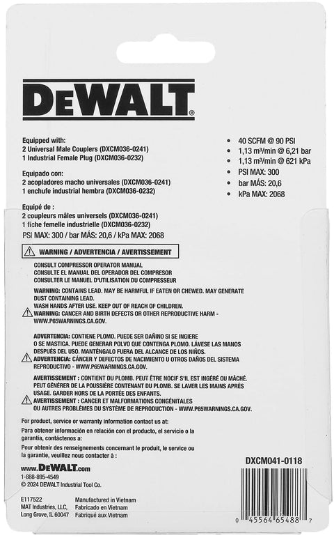Back packaging of DeWalt 2-Way 360 Degree Swivel Air Hose Splitter With Universal Couplers showing specifications and warnings.