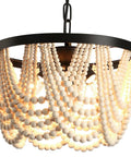 Farmhouse Boho Flush Mount Ceiling Light Three Light Wood Bead Chandelier Black Metal Hanging Pendant Lighting close-up view