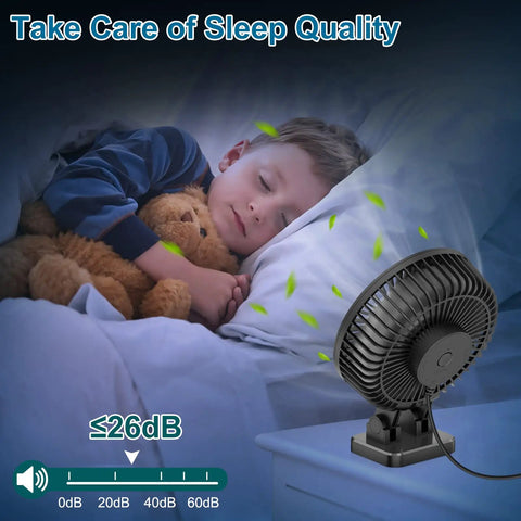 Compact USB Desk Fan Mini Portable With 3 Speed Settings in bedroom setting, providing quiet cooling for a sleeping child.