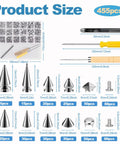 455 Piece Punk Spikes And Studs Kit showing metal cone spikes, pyramid studs, dome rivets, and tool sizes for DIY leathercraft.