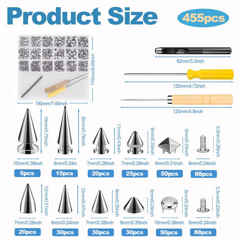455 Piece Punk Spikes And Studs Kit showing metal cone spikes, pyramid studs, dome rivets, and tool sizes for DIY leathercraft.